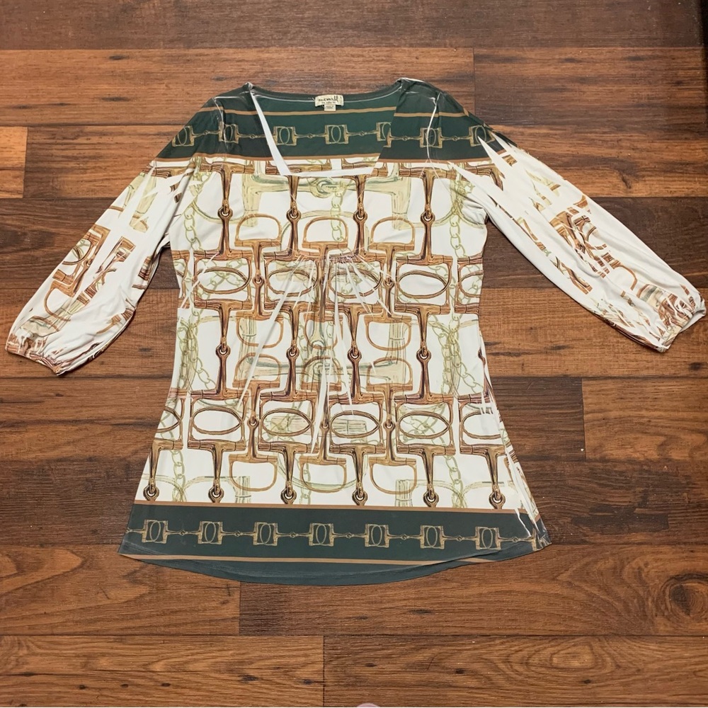 One World Green Blouse Top 3/4 Sleeve Women's Size L Horse Bit Print